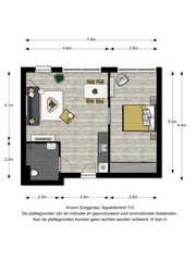 Oversingel - plattegrond 2-kamer appartement 47 m2